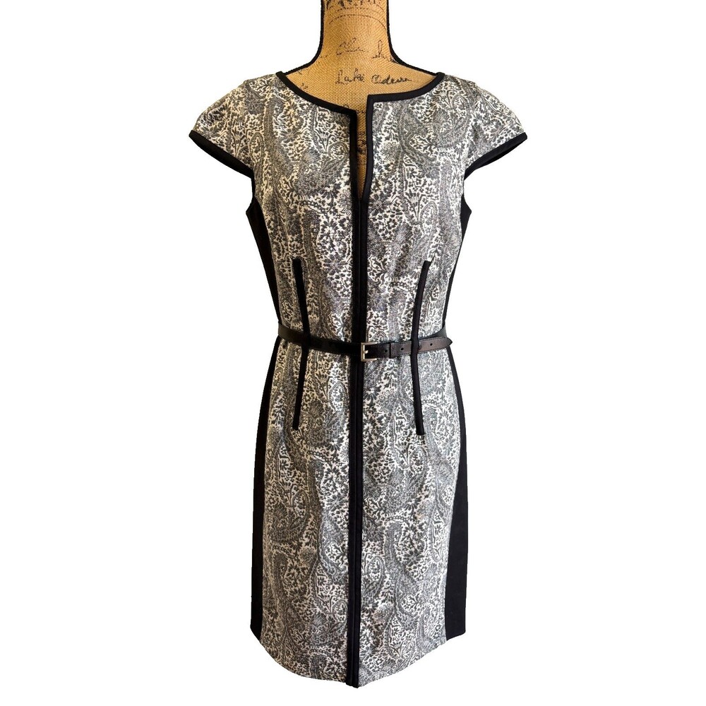 Etcetera Black Ivory Paisley Jacquard Sheath Belted Cap Sleeve Dress Sz 6